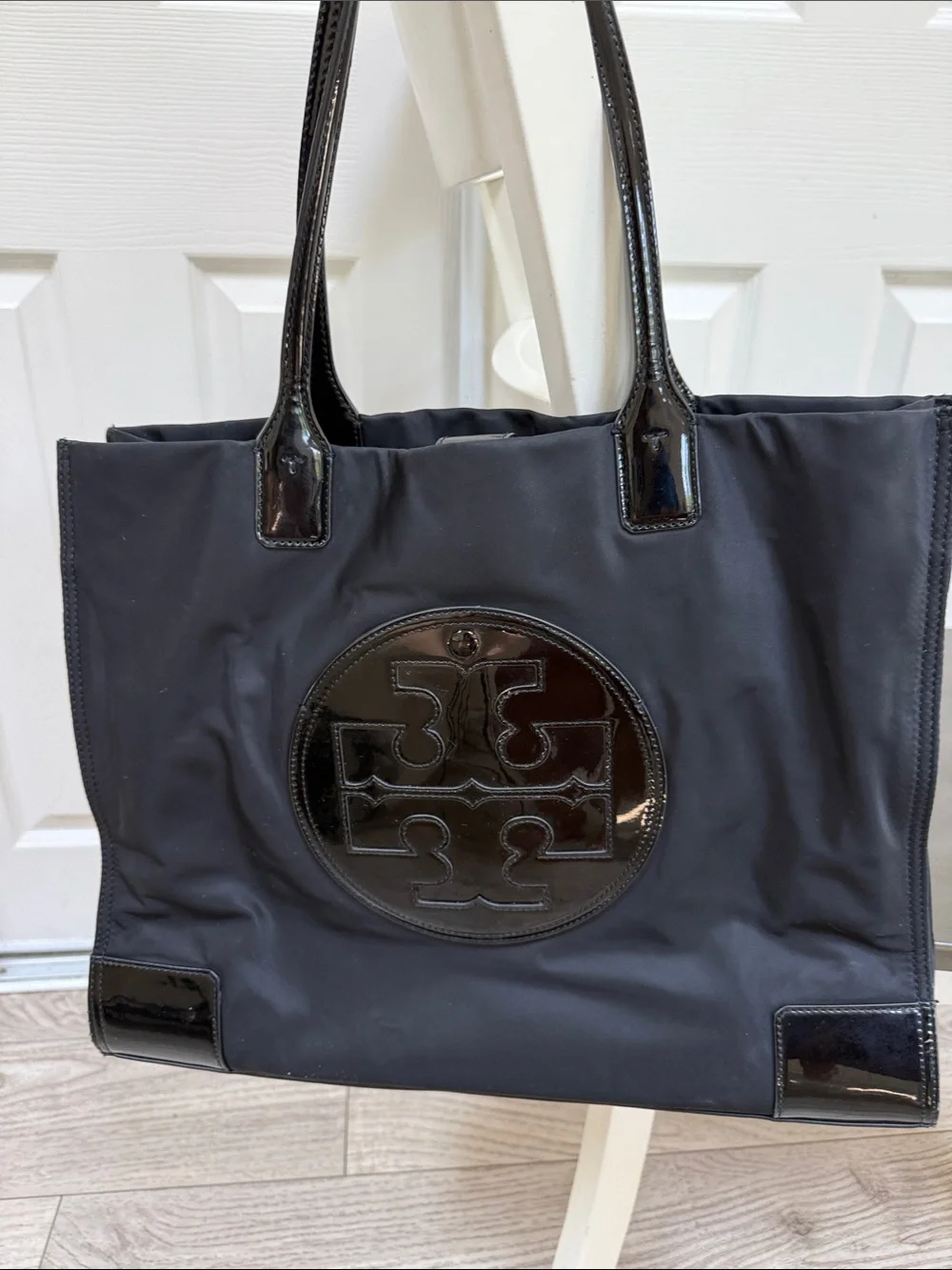 Tory Burch Black Nylon Tote with Patent Logo